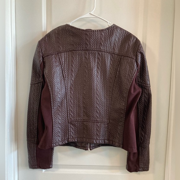 Moto Faux Leather Jacket with Quilted Pattern & Spandex Burgundy/Brown - Picture 2 of 11